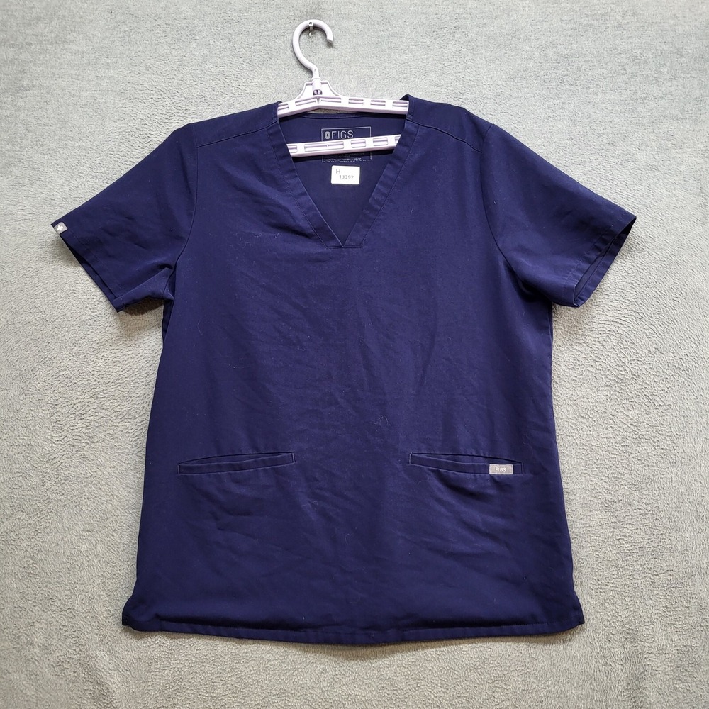 Figs Women Scrub Top Large Blue Technical One Pocket Short Sleeve V Neck